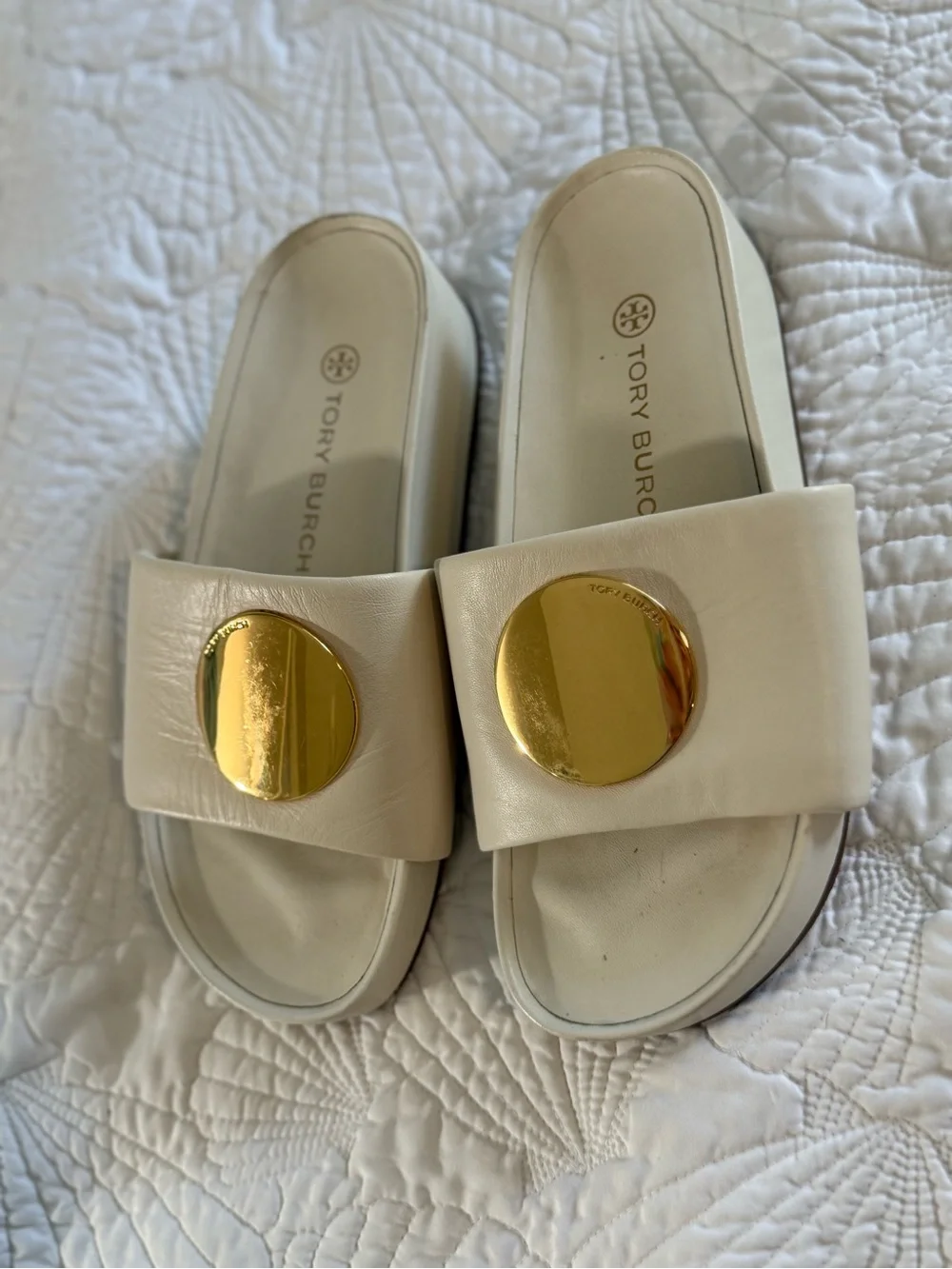 Tory Burch Cream Slide Sandals with Gold Medallion